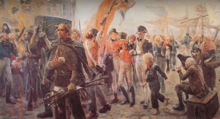 "Le retour des corsaires". Tableau de Maurice ORANGE, propriété de l’État Français, en dépôt au musée de GRANVILLE.