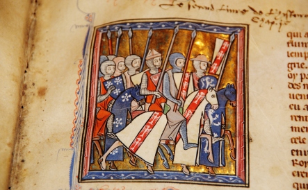 Godefroy de Bouillon et l'évêque du Puy chevauchent vers la Terre Sainte, enluminure de l'Histoire d'Outremer de Guillaume de Tyr, 1287. Provenance : Saint-Bertin.
